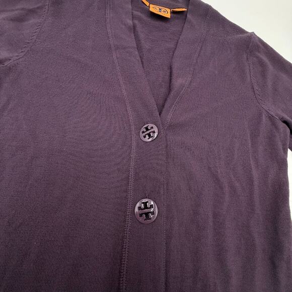 Tory Burch Wool Preppy Logo Cardigan Buttons Sweater Simone Purple Small - Picture 2 of 4